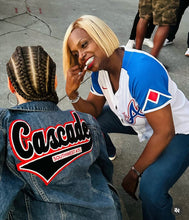 Load image into Gallery viewer, Black & Red “Cascade” SW Atlanta Blue Denim Jacket