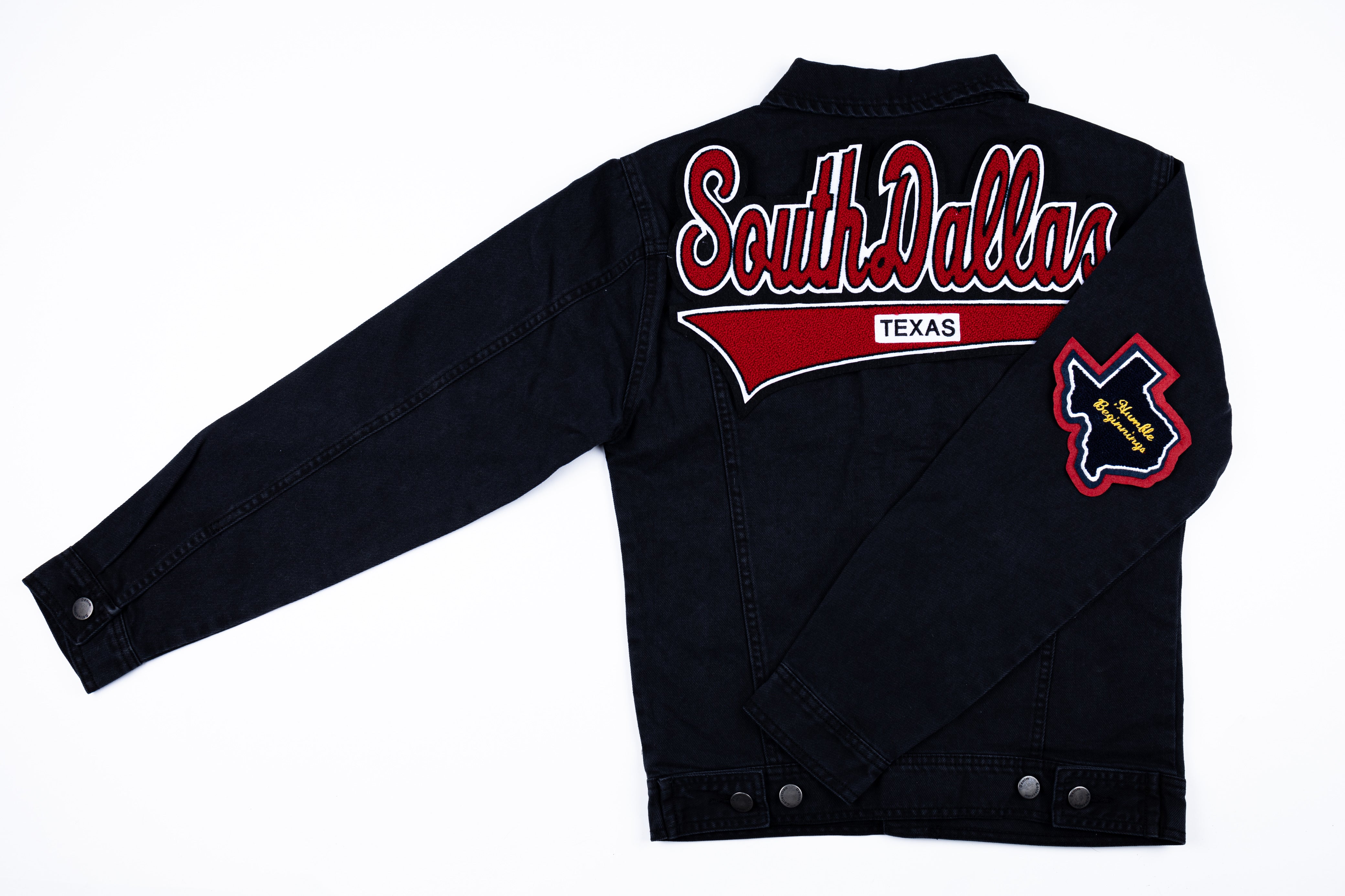 Red & Black “South Dallas Black Denim Jacket – Humble Beginnings USA