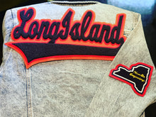 Load image into Gallery viewer, Navy Blue & Orange “Long Island NY” Denim Jacket