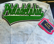 Load image into Gallery viewer, Kelly Green & White “Philadelphia” Denim Jacket