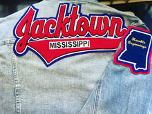 Load image into Gallery viewer, Our Scarlet Red & Royal Blue “Jacktown Mississippi” Denim Jacket