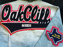 Load image into Gallery viewer, Black & Red OakCliff Texas Denim Jacket