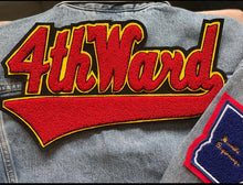 Load image into Gallery viewer, &quot;4th Ward&quot; Red &amp; Yellow Trim Denim Jacket

