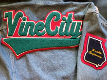 Load image into Gallery viewer, Kelly Green &amp; Scarlet Red &quot;Vine City&quot; Denim jacket

