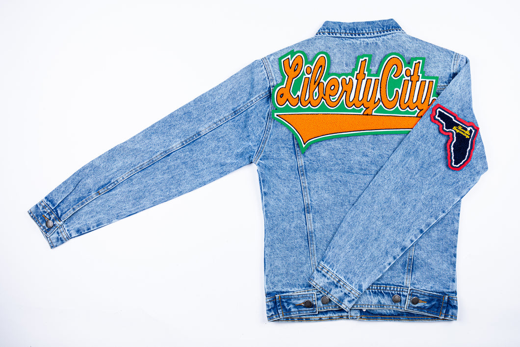 Orange & Kelly Green “Liberty City”  Denim Jacket