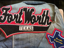Load image into Gallery viewer, Black &amp; Red “Fort Worth’ Denim Jacket
