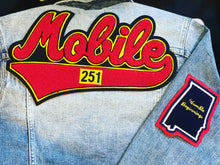 Load image into Gallery viewer, Scarlet Red &amp; Yellow “Mobile Alabama” Denim Jacket

